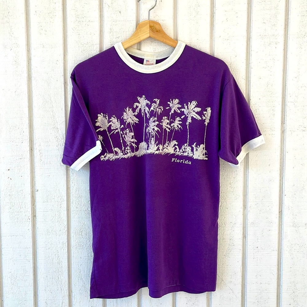 1980’s Mens Small Purple/White Florida Palm Trees Ringer T-Shirt